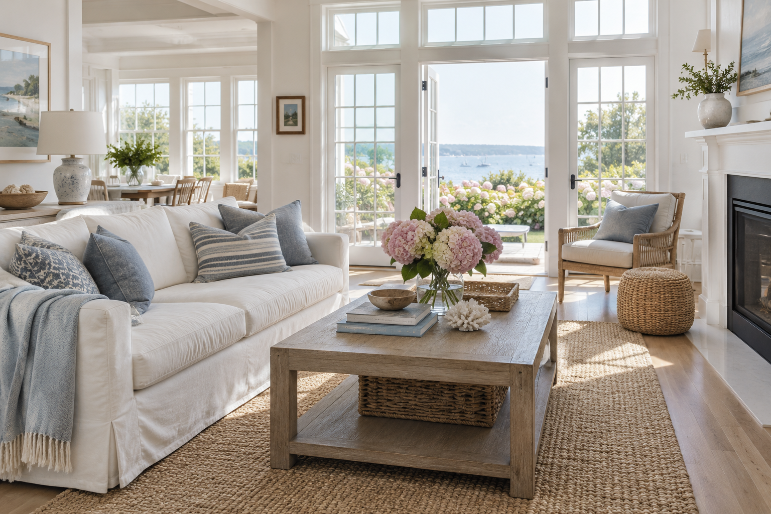 A bright coastal living room with a white sofa and pink hydrangeas